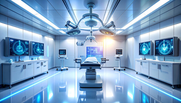 Hightech operating room with advanced medical equipment and futuristic blue lighting.