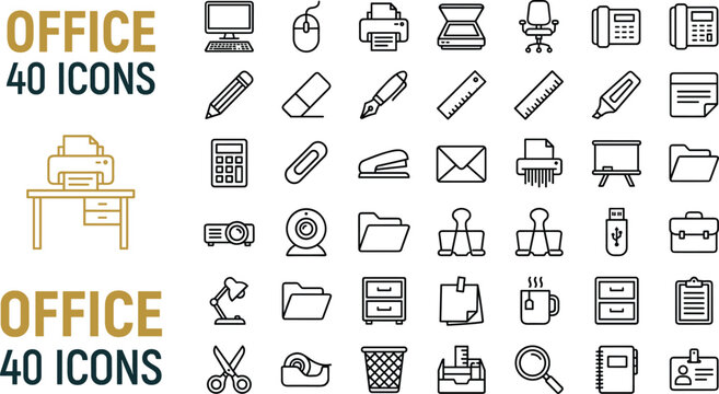 Comprehensive office supplies and business workspace line icon set featuring stationery computer equipment elements isolated on white