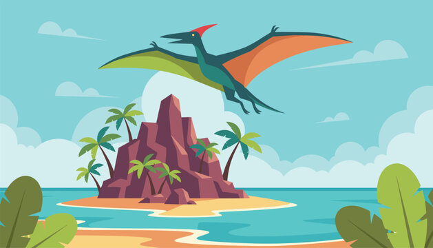 Prehistoric pterodactyl dinosaur flying high in the sky over a rocky tropical island with palm trees and a sandy beach.