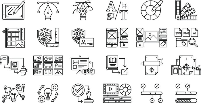 Graphic Design and Creative Workflow Line Icon Set for UI UX and Digital Publishing