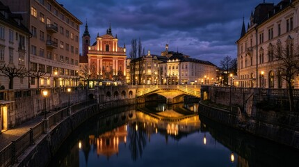 Obraz premium Ljubljanas Triple Bridge Illuminated at Dusk Reflecting on the Ljubljanica River.