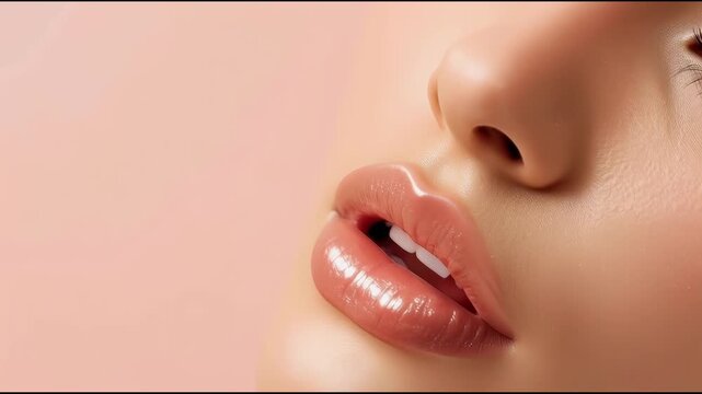 Glossy full lips close up with smooth skin and soft pink peach background glossy lips mouth
