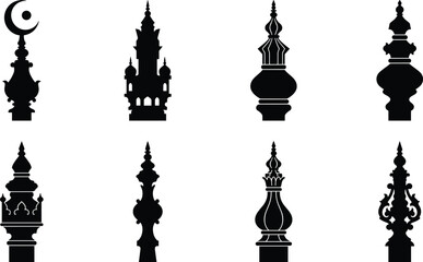 Obraz premium Set of black silhouettes of ornate mosque domes, minaret finials, and traditional Islamic architectural design elements