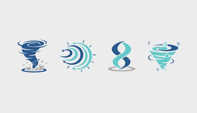 Set of four abstract blue tornado and cyclone icons depicting powerful wind flow on light grey background.