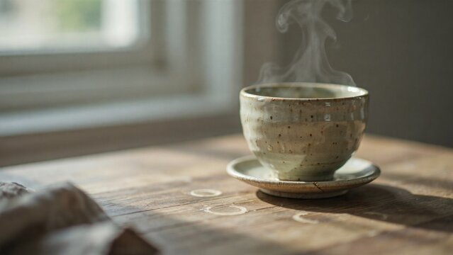 Steaming ceramic teacup resting on a weathered wooden table by a bright window for a cozy morning atmosphere