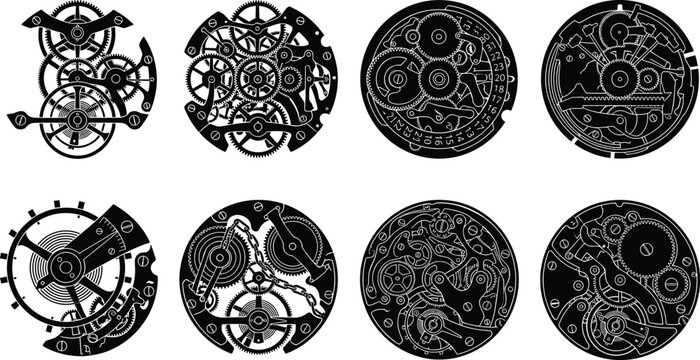 Set of detailed clockwork watch mechanism silhouettes for engineering design and mechanical concept illustrations