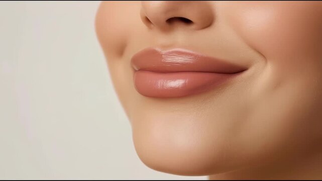 Soft glossy nude lips mouth with neutral makeup and smooth skin subtle sensual smile, glossy