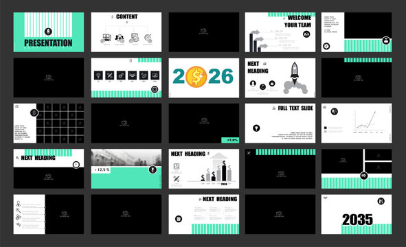 Presentation template. Set, infographic elements, abstract green design, white background. Business project launch for 2026, corporate photo, PowerPoint. Slideshow, annual report. Vector illustration
