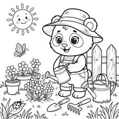 Cartoon bear cub gardening with watering can flowers and sun black and white vector illustration © arifahmed