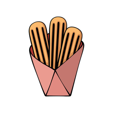 Delicious traditional Spanish churros vector illustration icon inside a paper bag packaging isolated on a clean transparent background