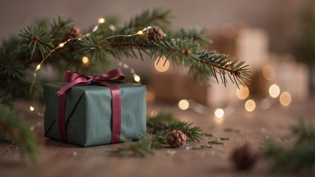 Close up of a teal wrapped holiday gift box with a maroon ribbon surrounded by pine branches and festive bokeh lights on a wooden surface