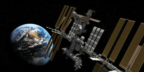 Orbital Space Station with Earth in Background 3D Render © Mathias Weil
