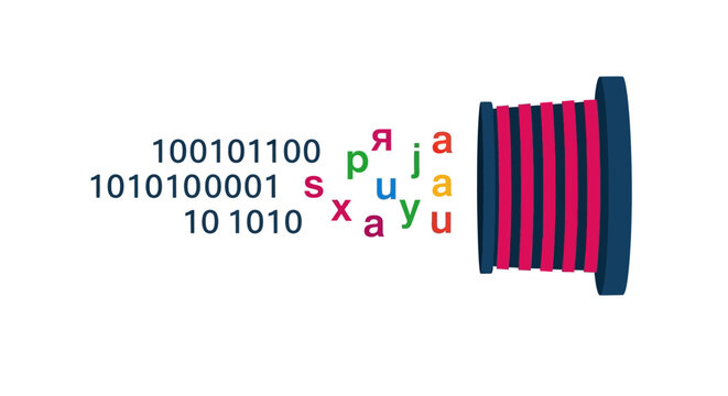Binary Code Converting into Colorful Letters, Data Transformation and Decoding Concept Illustration