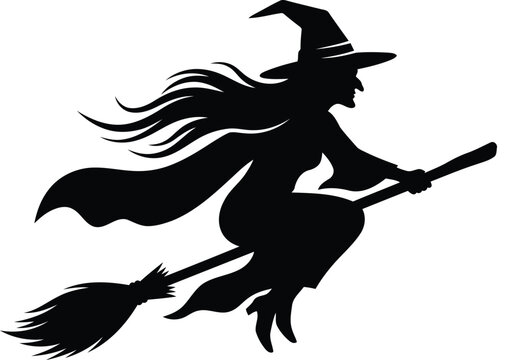 Witch Flying on a Broomstick with Long Hair and a Pointed Hat Featuring Silhouette, Black, Magic with Halloween and Fantasy