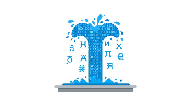 Digital Data Fountain Illustration Representing Information Flow, Big Data, and Global Coding Concept with Binary Code and Symbols