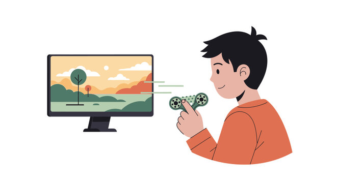 Boy Using Fidget Spinner in Front of Computer Monitor - ADHD Focus and Digital Wellness Vector Illustration