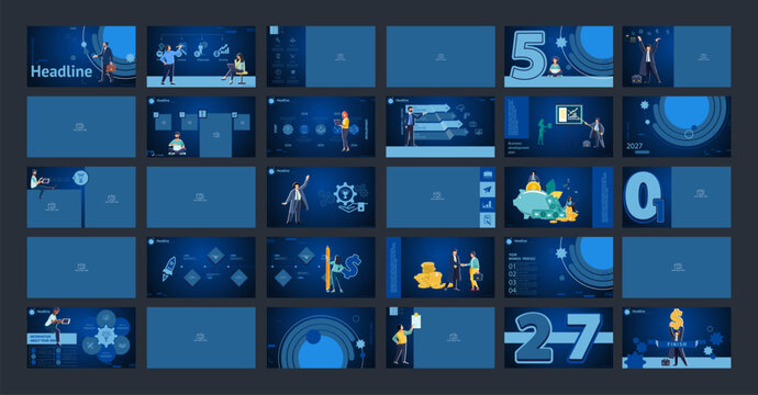 Business presentation, header, PowerPoint, new business project, photo. Infographic template design, blue elements on blue background, set. Team of people creating business, poster Vector illustration