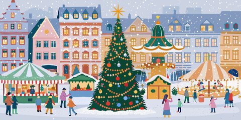 christmas market town square festive scene winter © Vector Studio