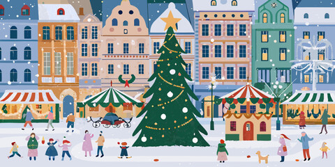 christmas market town square festive vector illustration © Vector Studio