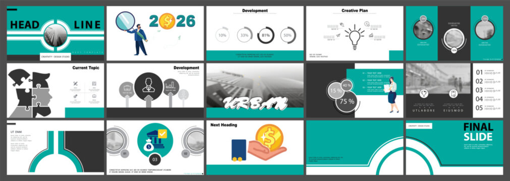 Template business presentations, green design elements on a white background. Businessman with finances for 2026, buying a property apartments. Use in flyer PowerPoint infographic. Vector illustration