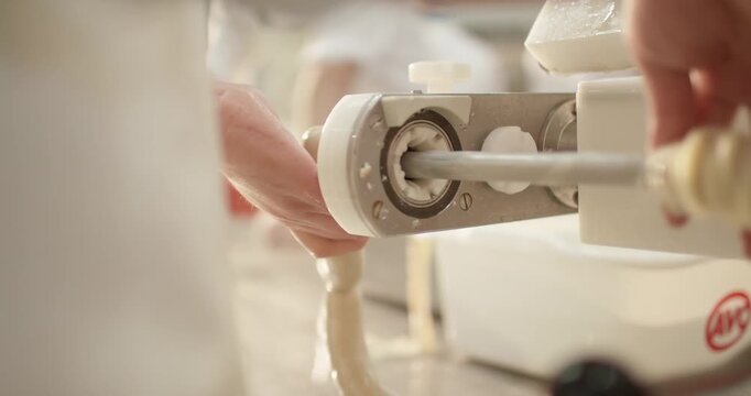 Close view of a sausage filling machine during production