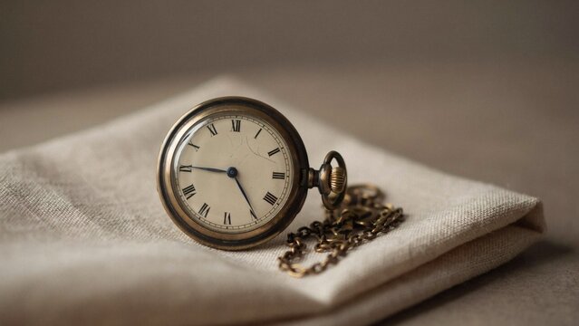 Vintage brass pocket watch with chain resting on a folded beige linen cloth with displays antique pocket