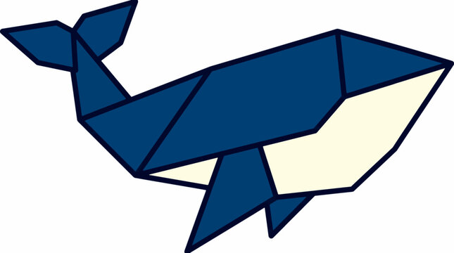 Geometric blue origami whale illustration featuring minimalist polygonal shapes of a marine mammal isolated on white