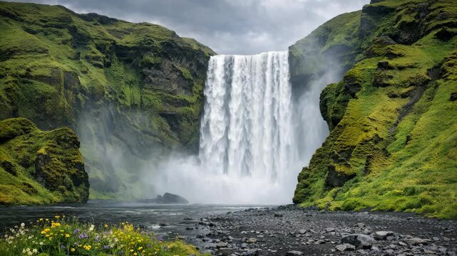 Mist rises from a powerful waterfall. Green cliffs flank the cascading water. Yellow flowers bloom in the foreground. Dark rocks line the water's edge. Nature's force meets serenity in this scene