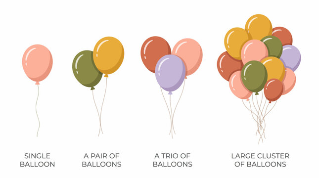 Vector illustration of pastel colored balloons in single, pair, trio and large cluster arrangements on white, representing celebration and illustrating quantity differentiation
