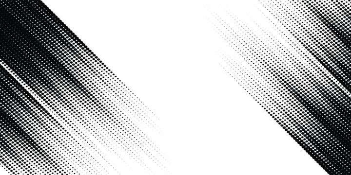 Abstract black and white grunge background with diagonal brush strokes. Dynamic halftone dot pattern texture with center copy space for manga comic and pop art.