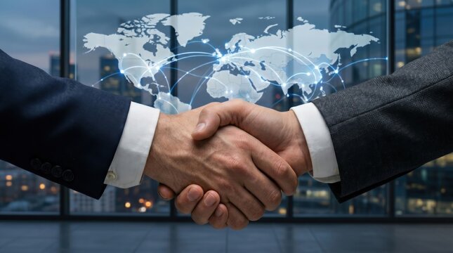 Business handshake with global network map representing international partnership, global trade, worldwide business, investment and corporate collaboration