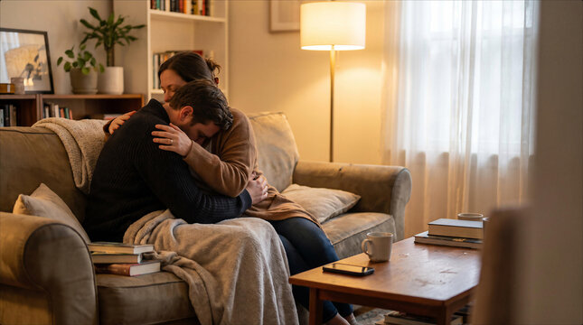 Sad Couple Embracing Together on Sofa for Emotional Comfort and Support at Home in Cozy Living Room Interior Lifestyle, Vulnerability Intimacy Relationship Counseling Mental, Married, togetherness