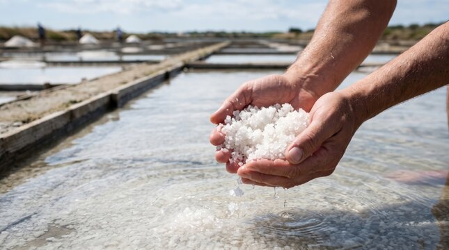 Hands holding freshly harvested sea salt at traditional salt evaporation ponds. Salt production, mineral harvesting, sustainable agriculture, artisanal craftsmanship and natural food industry