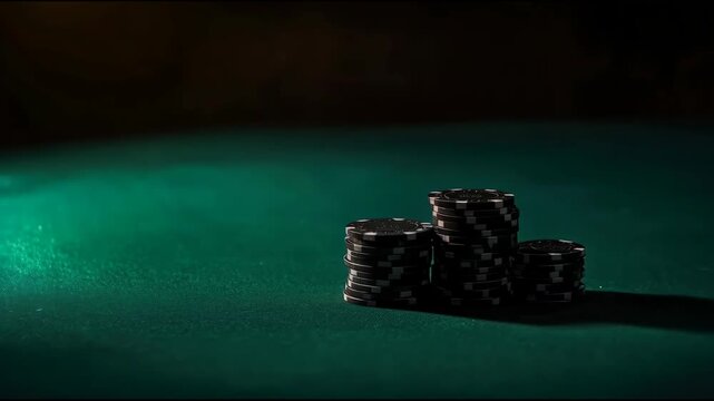 Dark casino poker table with stacked black chips green felt casino chip stack evoking gambling