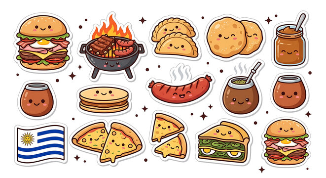 Cute Uruguayan Food Sticker Pack &ndash; Chivito, Asado and Uruguay Icons Kawaii Flat Illustration Set