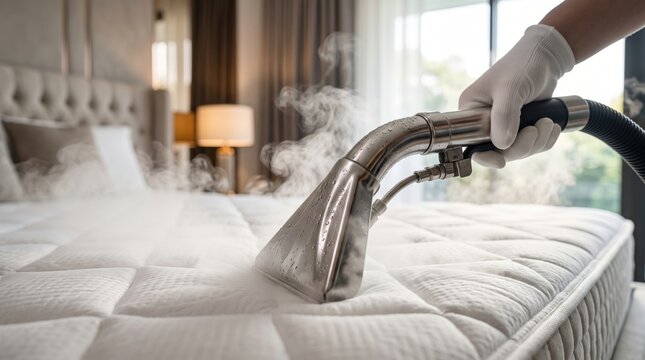 Professional steam cleaning of a mattress in a bedroom. Deep cleaning, mattress sanitizing, upholstery cleaning, dust mite removal, allergy prevention, home hygiene and cleaning service