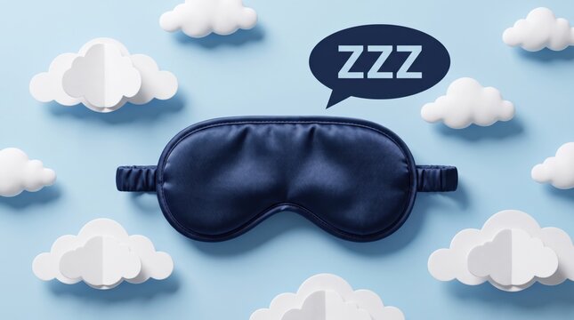 Sleep mask on a blue background with clouds and ZZZ symbol representing healthy sleep, bedtime routine, insomnia relief, rest, relaxation and sleep quality concept