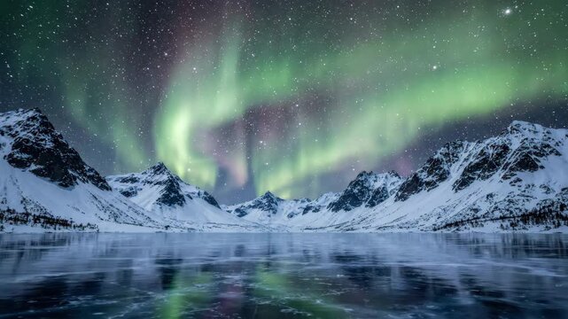 Cinematic wide angle view of vibrant northern lights dancing over snow capped mountain peaks and a frozen arctic lake at night