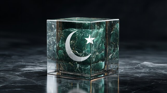 Pakistan flag represented in a modern glass cube on a marble surface