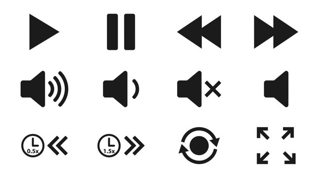 Black vector media player control icons including play, pause, volume, rewind, fast forward, repeat, speed and fullscreen functions, illustrating user interface and web application design