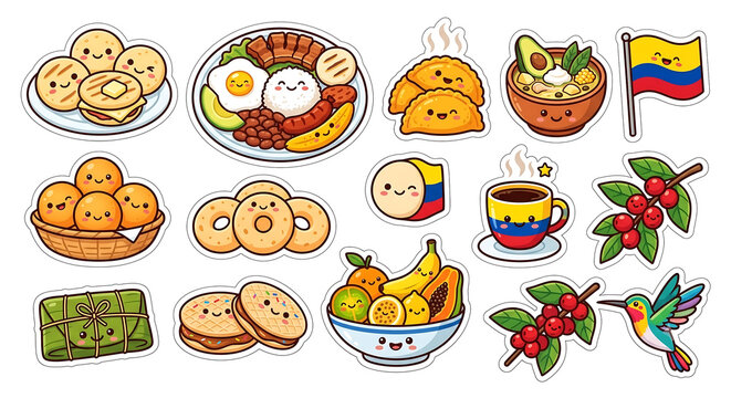 Cute Colombian Food Sticker Pack &ndash; Arepas, Bandeja Paisa and Colombia Icons Kawaii Flat Illustration Set