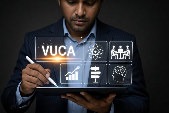 Professional man using digital tablet with glowing vuca concept interface