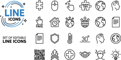 Fototapeta premium Multi purpose editable business education and global medical support internet interface line icon pack isolated on white background