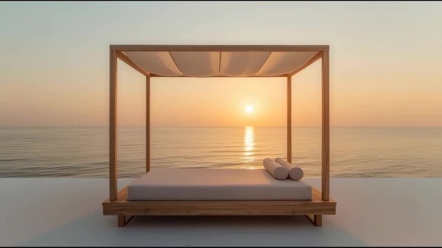 Minimal wooden canopy daybed at sunset by calm ocean with warm light and serene modern design
