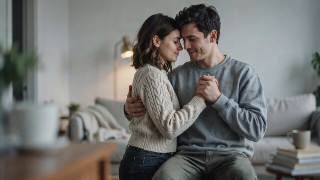 Young happy romantic couple sitting together on sofa in a cozy living room interior with soft lighting