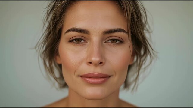 Natural portrait of woman face with short hair brown eye close up neutral expression serene face