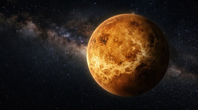 Venus in Deep Space: The fiery, cloud-shrouded surface of the planet Venus glows majestically in the vast expanse of deep space, with the Milky Way galaxy softly visible in the background.