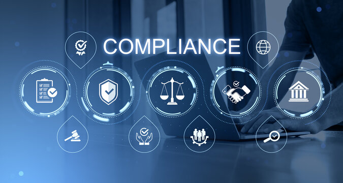 Compliance icons interface with legal, security, and governance symbols over blurred office background in modern blue digital style concept.