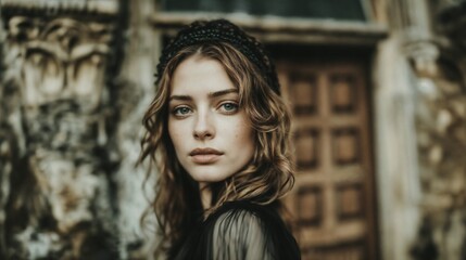 Fototapeta premium Portrait of a beautiful young woman with wavy long brown hair wearing a dark lace headband and dress looking directly into the camera with a soft and serene expression