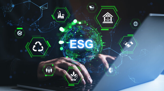 ESG sustainability tech interface with green icons surrounding hands typing on laptop in futuristic digital environment concept.